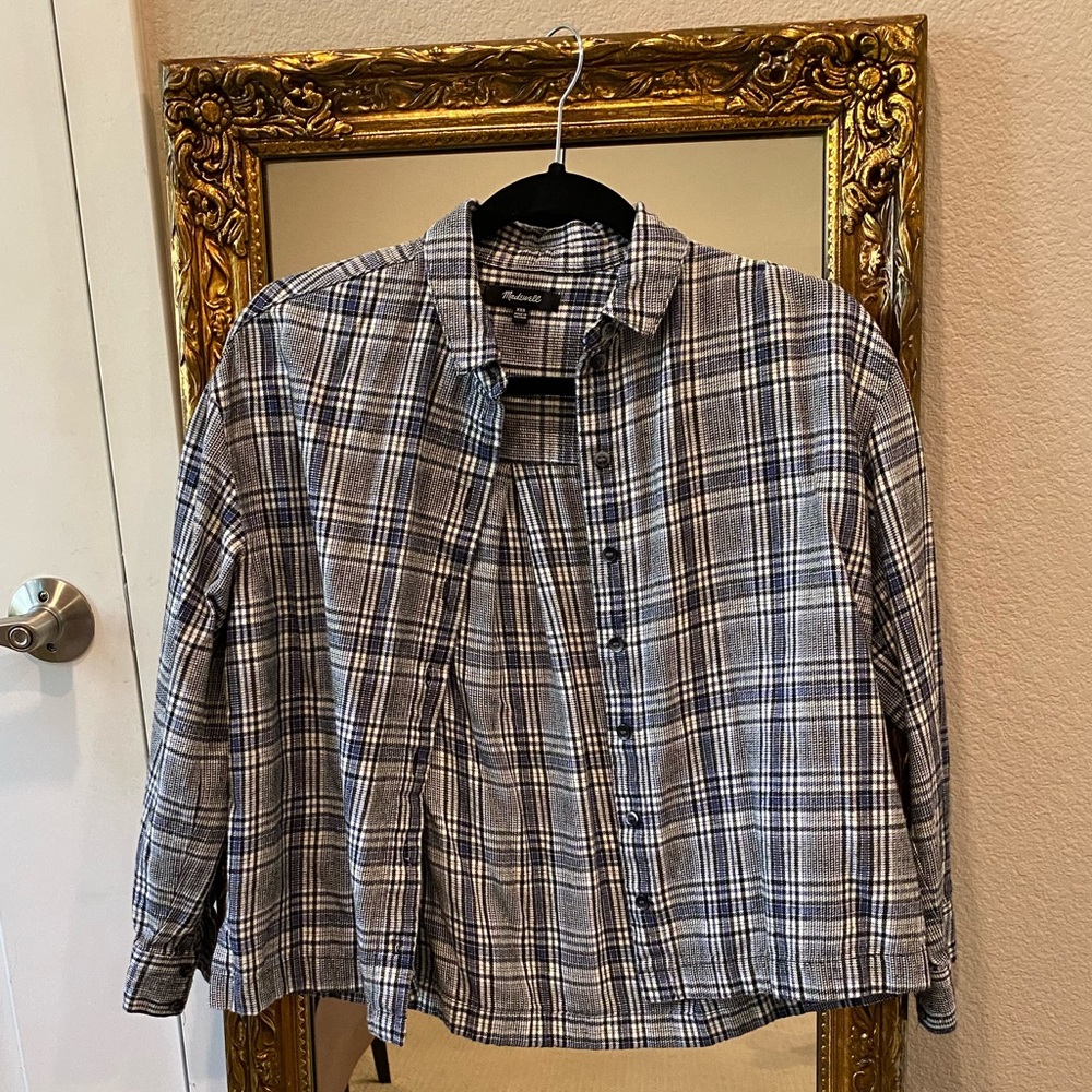 Madewell Blue and White Plaid Cropped Shirt